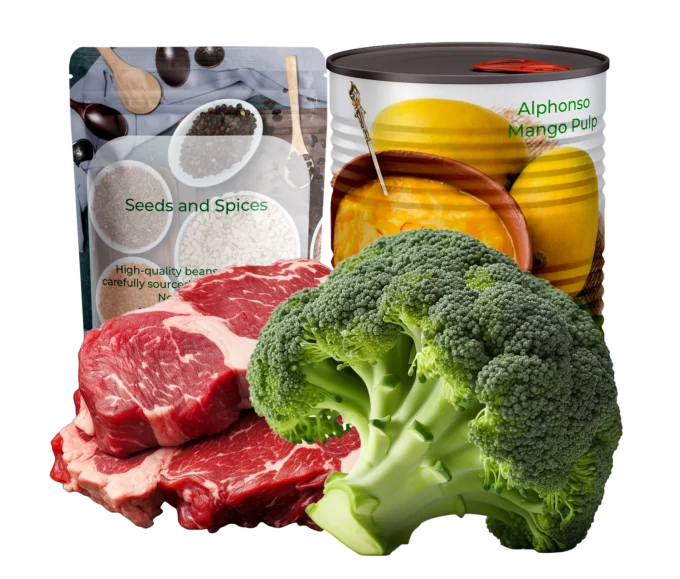 An assortment of packaged foods, meat, and vegetables