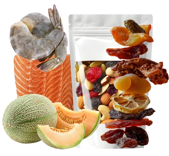 An assortment of seafood, nuts, fruit, and ingredients